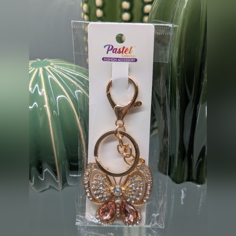 Gold Butterfly Keychain/Bagcharm W/Peachy Pink Accents